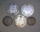 1907 .05,1870 .10, 1872 .25,1911 .25,1918 .25, LOT OF  CANADIAN  COINS