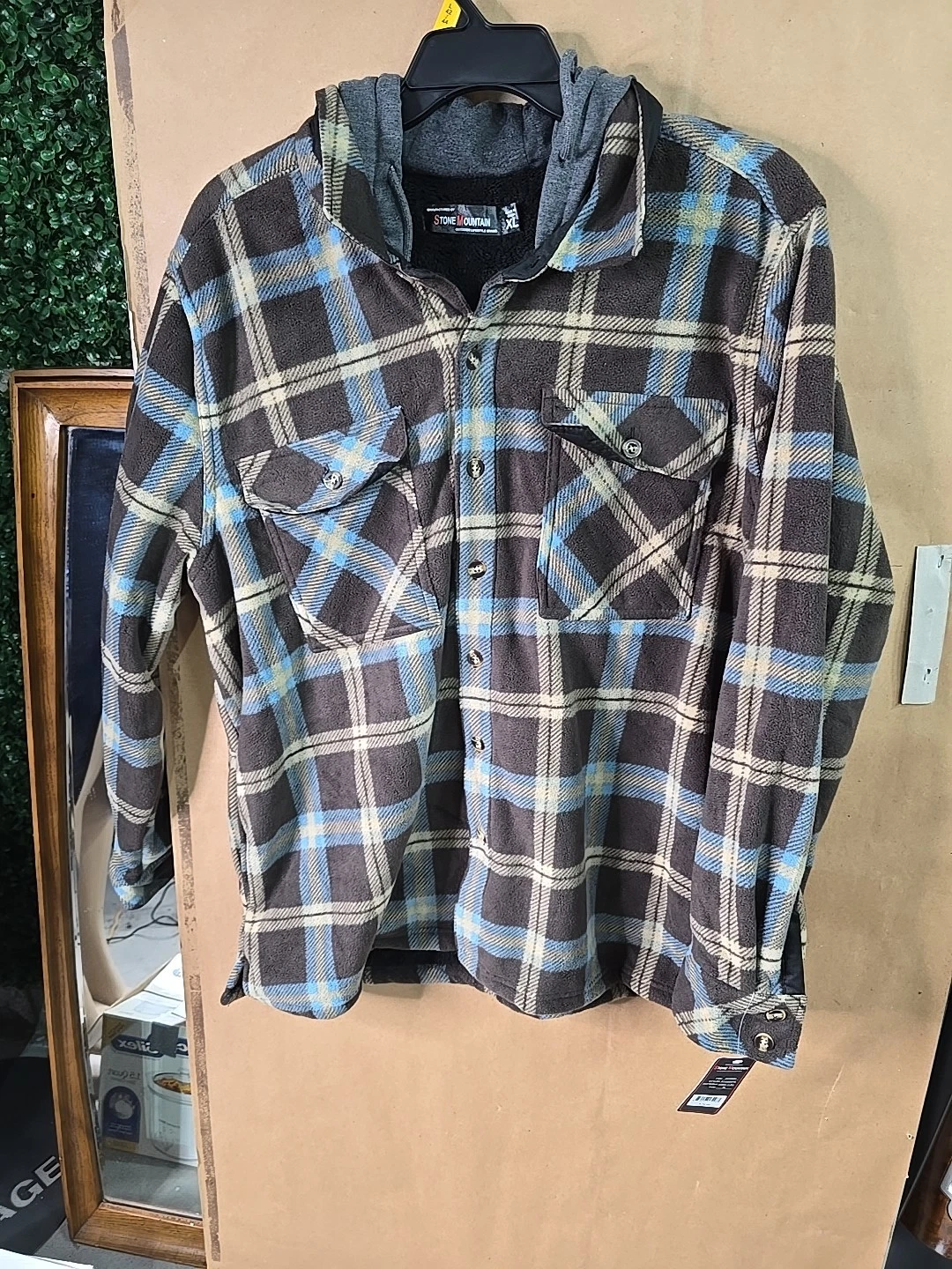 Stone Mountain Men's XL Brown/Lt. Blue Plaid Fleece Lined Hooded Shirt Jacket
