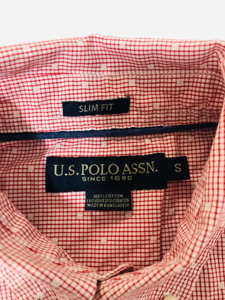 U.S. Polo Assn. Camisa de vestir de hombre manga corta con cuello rojo blanco a cuadros talla S Foto 2 de 4