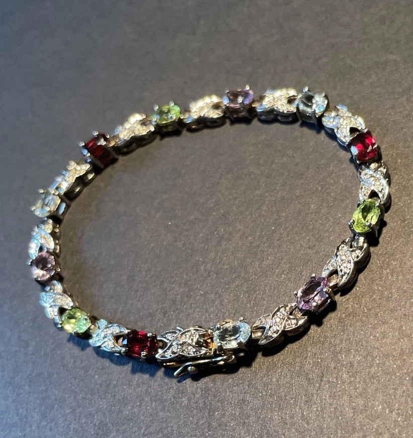 Sterling Silver 925 Gemstone Bracelet Garnet Blue Topaz Citrine Peridot Amethyst - Image 4 of 4