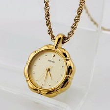 Seiko 1F21 0A10 Necklace Watch Pocket Timepiece Gold Elegant Genuine Vintage