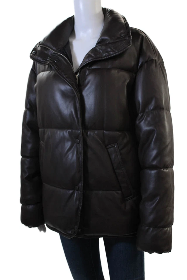 Женская куртка-пуховик Zara стеганая веганская кожа черная на пуговицах высокий вырез размер XS - Изображение 3 из 4