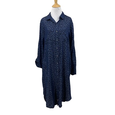Saks Fifth Avenue Shirt Dress Womens Large Navy Cheetah Button Front Tab Sleeve