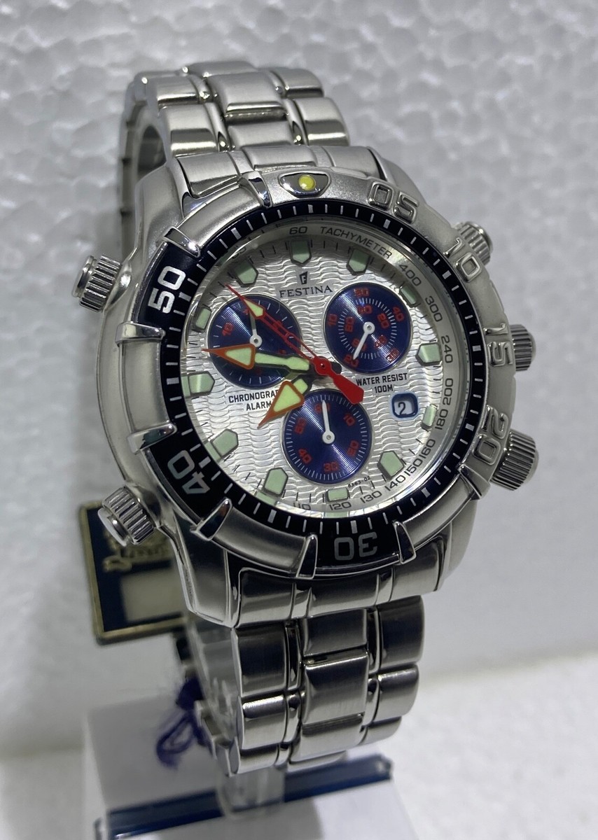FESTINA,STEEL,QUARTZ,CHRONO,ALARM,SILVER DIAL,WR100M,NEW OLD STOCK