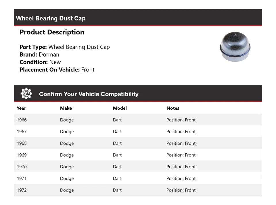 Tapa antipolvo de cojinete de rueda delantero para Dodge Dart Dorman 1966-1972 1967 1968 1969 1970 Foto 2 de 4