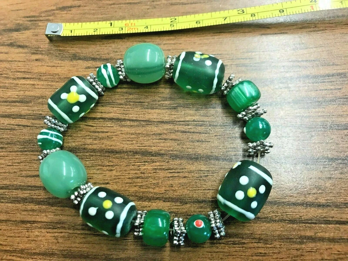 Green Glass Beaded Silver Tone Stretch Bracelet eBay