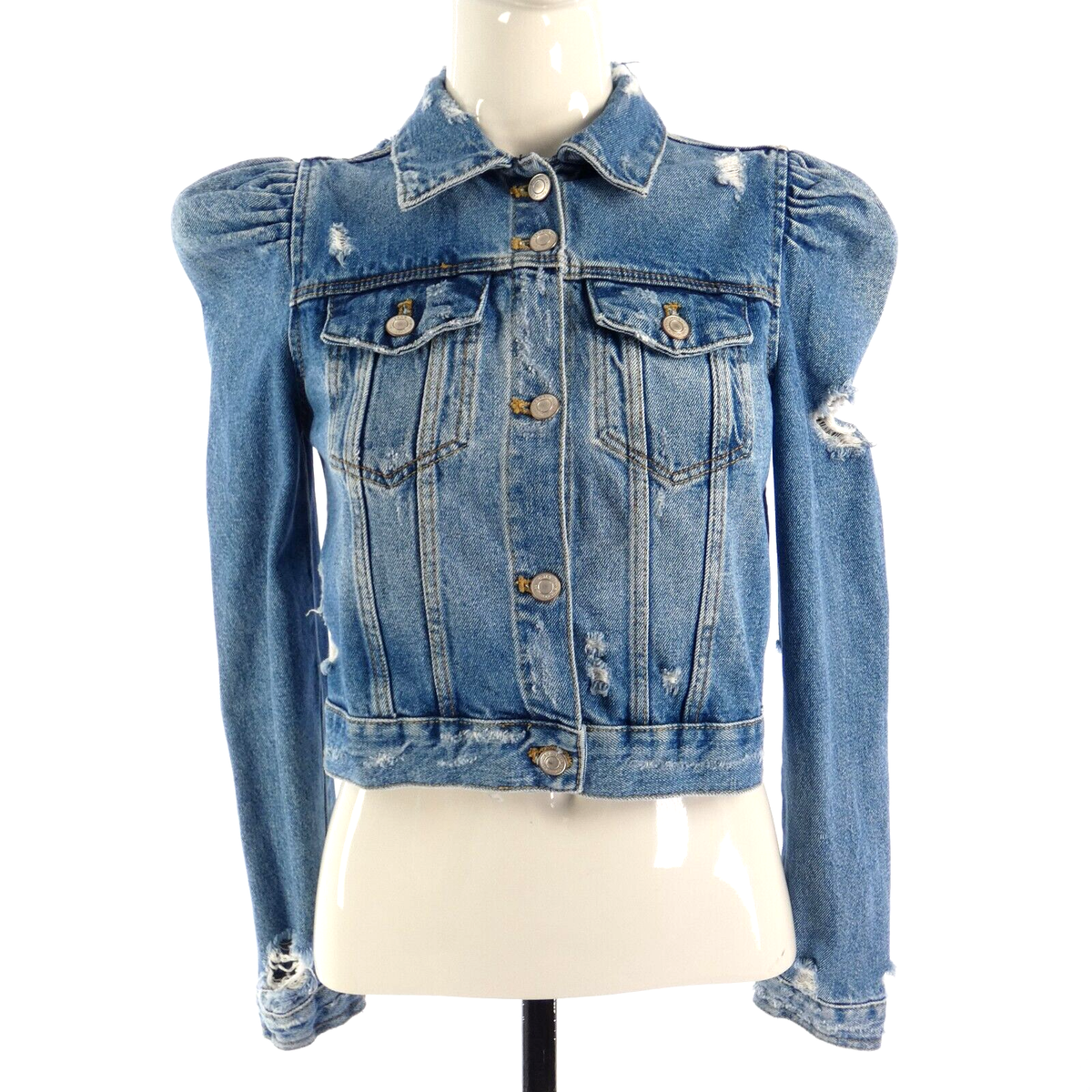 Zara Denim Jacket Puff Sleeve Cropped Distressed Alexis Rose - Main Image