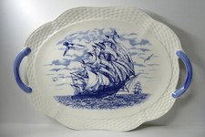 ANTIQUE POTTERY PLATTER SHIP SCENE BASKET WEAVE EDGE FLO BLUE CHARGER PLATE