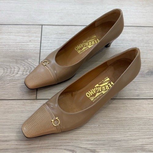 Salvatore Ferragamo Cap Toe Snakeskin Leather Kitten Heels Preppy Designer - 第 2/4 張圖片