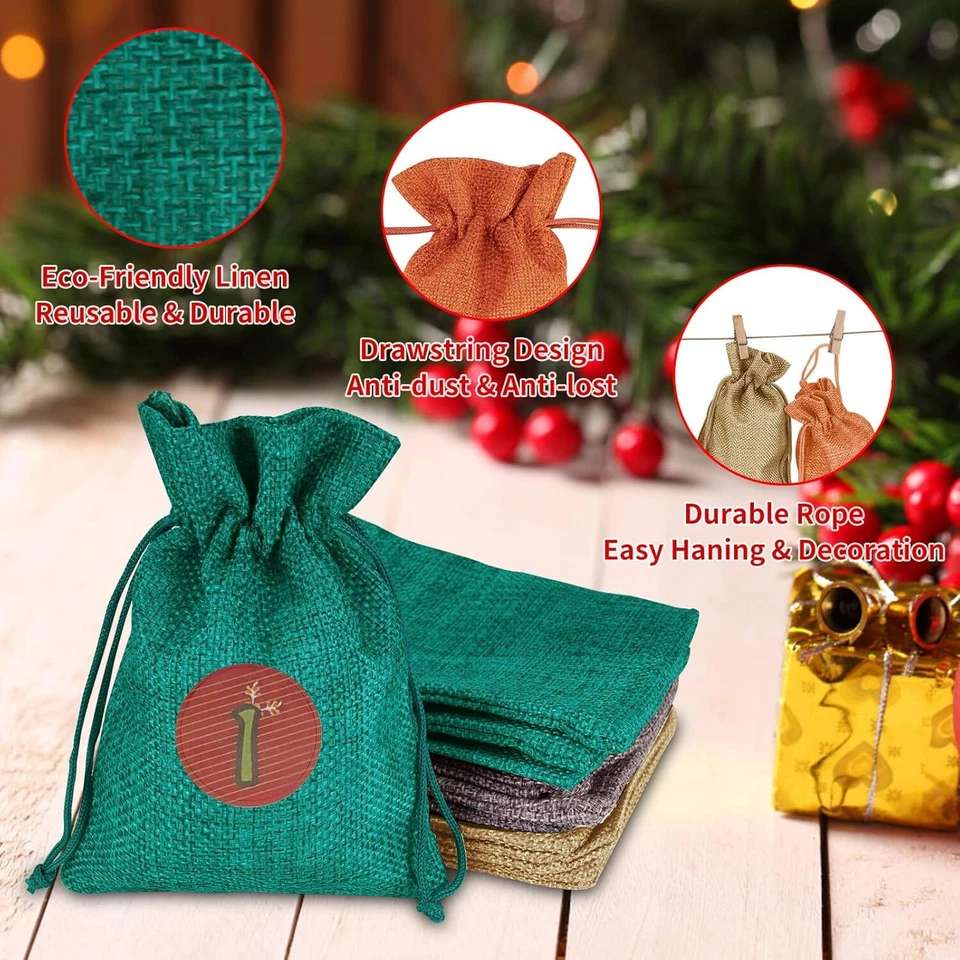 24 Pcs Christmas Advent Calendar Bags Wooden Small Burlap Bags Hanging Gift Bag - Image 3 of 4