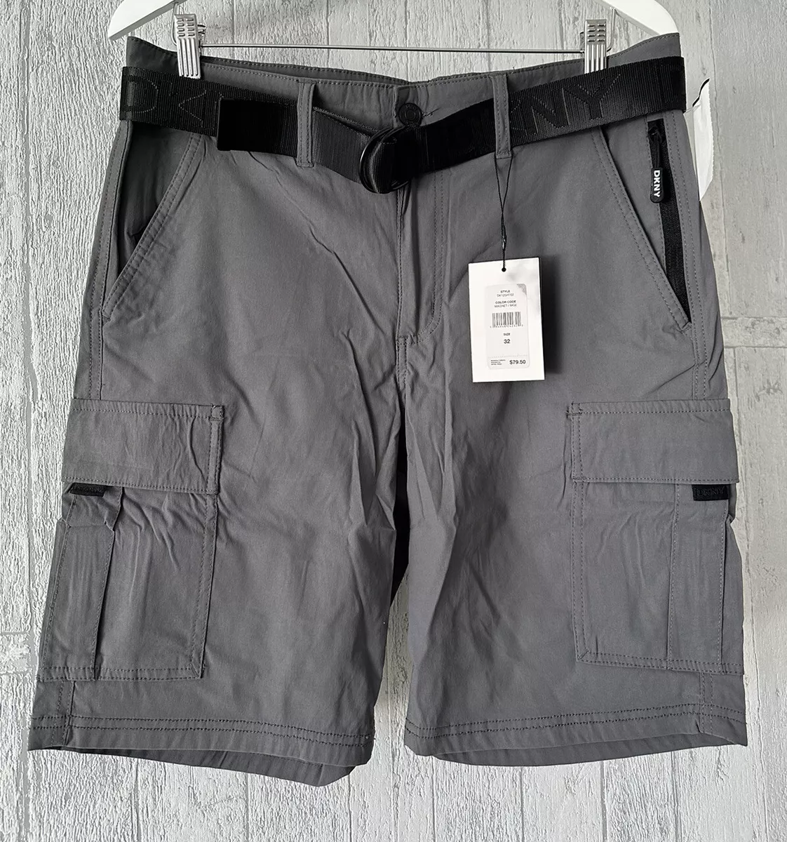 Men's DKNY Cargo Shorts Dark Gray Sz 34 Ripstop Custom Woven Belt