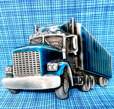 Semi Truck Belt Buckle Trucker 18 Wheeler Silver Tone Blue Enamel Vtg 90s.DBD162