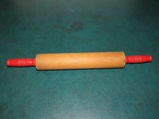 Vtg WOOD ROLLING PIN BAKING KITCHEN RED HANDLES FARM HOUSE