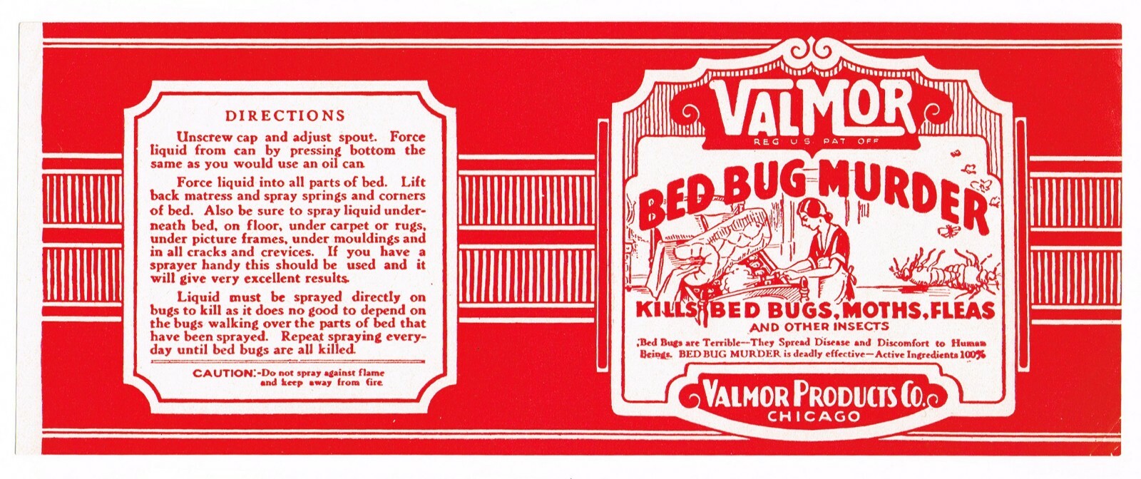 ORIGINAL C1920S PRODUCT LABEL COMICAL BED BUG MURDER! INSECTICIDE VALMOR M69