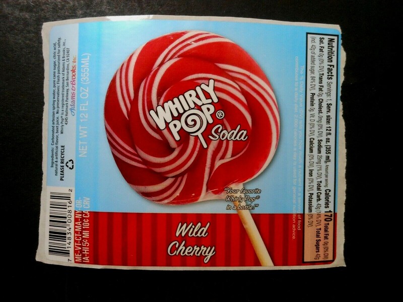 SODA POP LABEL "WHIRLY POP WILD CHERRY SODA" ADAMS & BROOKS INC 4 3/4" X 3 3/4" 