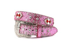 Pink Glitter Rhinestone Western Belt Crystal Studded Leather with Engraved Silve