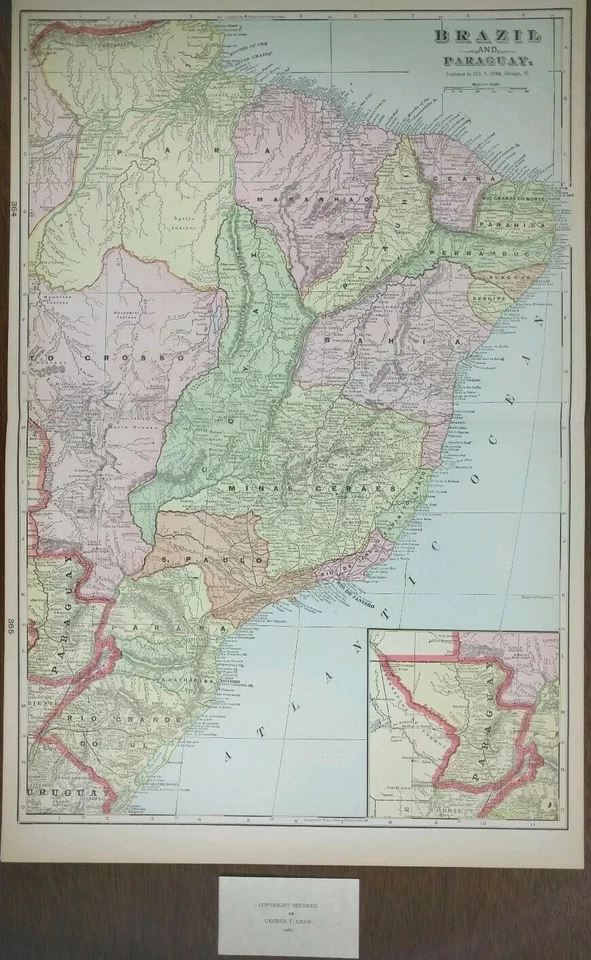 Vintage 1900 BRAZIL PARAGUAY Map 14"x22" Old Antique Original BRASILIA ASUNCION - Image 2 of 4