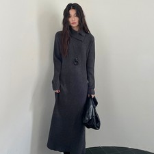 Grey Knitted Dress Lapel Long Womens Sweater Dress Casual Pullover Jumpers Tops