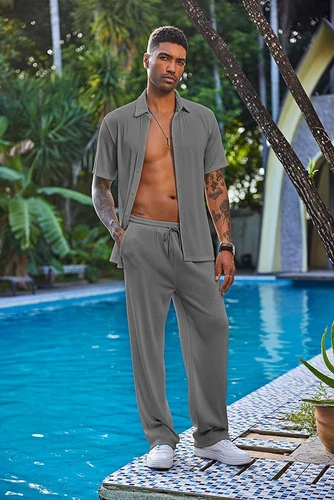 Men Outfit 2-Piece Set Half Sleeve Button Shirt and Pants Sweatsuit Set - Picture 20 of 30