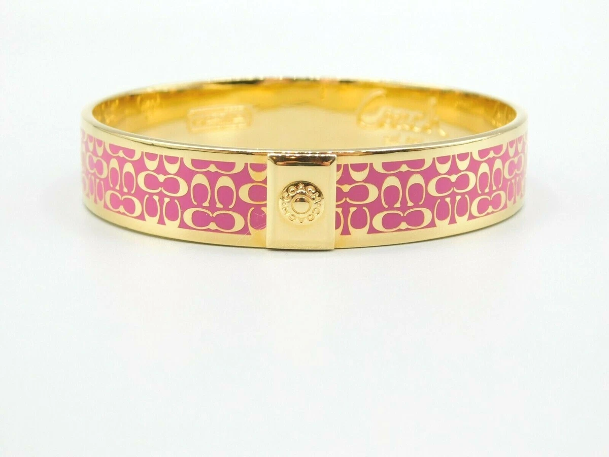 Signed Coach Gold Tone Pink Purple Logo Bangle Bracelet