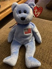 Ty Beanie Baby Mint Cond AMERICA Bear 2001 9/11 Memorial Baby Blue Red Cross