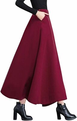 Women's Fall Winter A-Line Swing Pleated Long Maxi Wool Skater Skirt XS~XXL