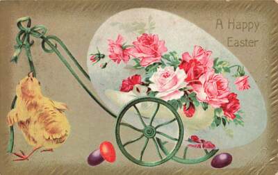 c1910 Fantasy Chick Huge Egg In Cart Roses Easter  P36