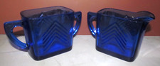 Vintage Hazel Atlas Cobalt Blue Chevron Creamer And Sugar Bowl Set Art Deco