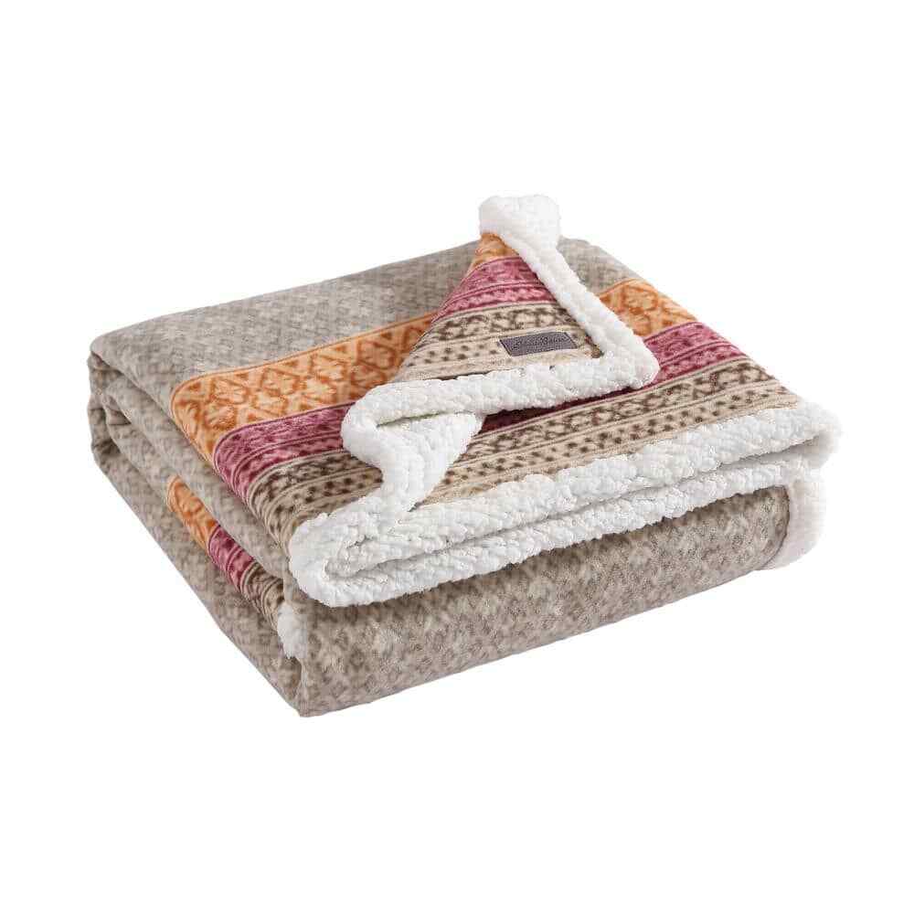 Fair Isle Light Beige Ikat Sherpa Reverse Throw Blanket