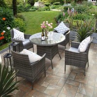 4 Seater Outdoor Rattan Garden Dining Round Table And Chair Set Mixed Grey