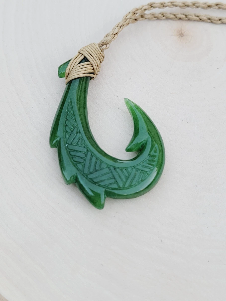 Hawaiian Natural Jade Fish Hook Necklace Hand Carved Jade Hook Adjustable  Choker