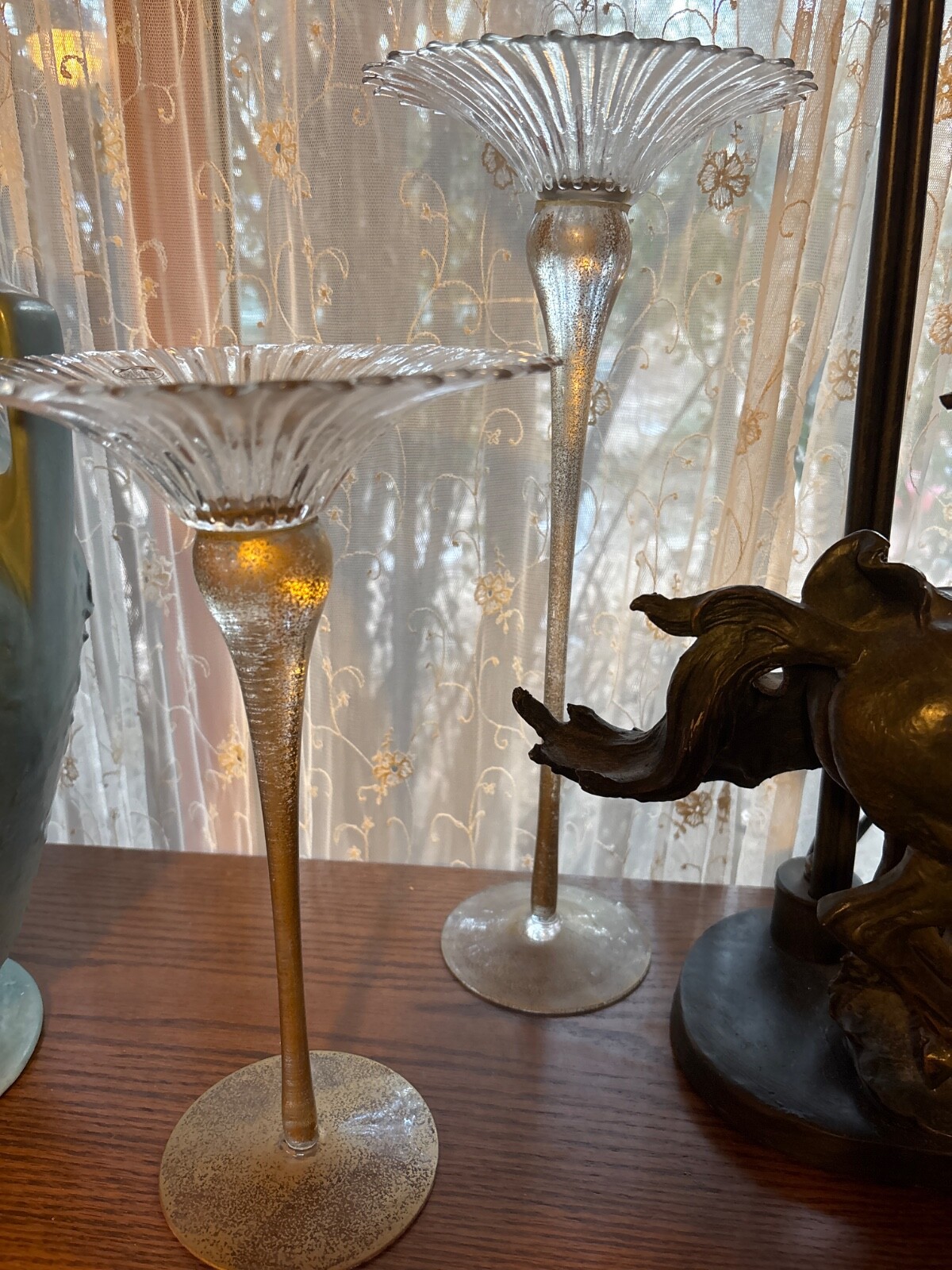 Elegant tealight glass candle holders pair 12 and 16 inch tall-image