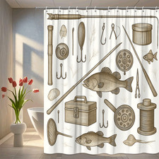 Vintage Fishing Shower Curtain with Fish and Fishing Gear Design
