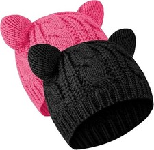 Cat Ear Beanie Hats Cute Cat Knitted Hat Winter Knit Cable 2 Black and Beige