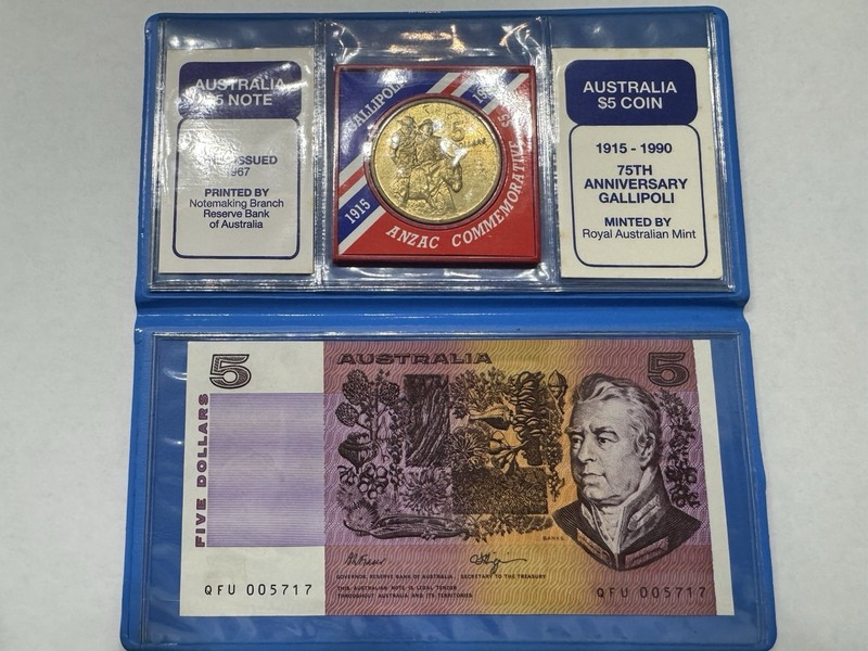 1990 Australia Mint $5 Coin and Note 75th Gallipoli Anniversary Set