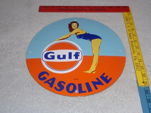 VINTAGE 1953 "GULF GASOLINE MARILYN MONROE" 11 3/4" PORCELAIN METAL GAS OIL SIGN