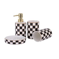 Ceramic Checkered Bathroom Accessory Set - 4-Piece Kit with Soap Dispenser, T...