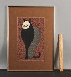 1960s Vintage KIYOSHI SAITO Mid Century Modernist CAT Japanese Woodblock Print