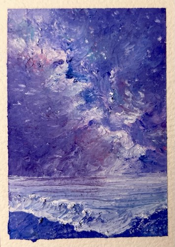 ACEO Original Painting, Oil Pastel, Ocean, Clouds,  Purple, Galaxy, ShnazzyArt