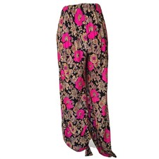 Vtg 70s Vibrant Floral Wide Leg Palazzo Pants Black Pink Yellow Boho Lounge
