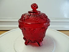 Vintage Jeanette Ruby Red Pressed Glass Leaf & Grape Footed Covered Candy Dish