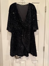 Boohoo Women’s Black Sequin V Neck Wrap Dress, Elastic Waist, Short Sleeve, 14