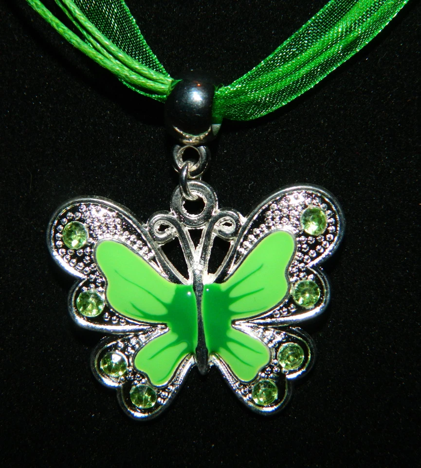 Collar Cinta Organza: Colgante Mariposa Esmalte Verde Cristal Plata 17" Foto 2 de 4