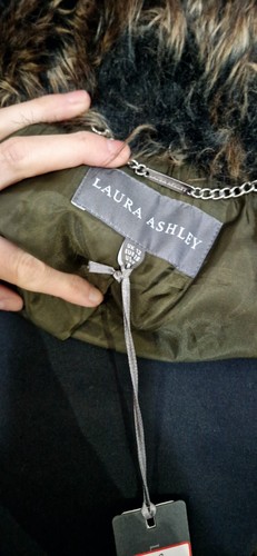 Vintage Laura Ashley military coat sz 12 long khaki green fur trim new tags READ - Picture 12 of 13