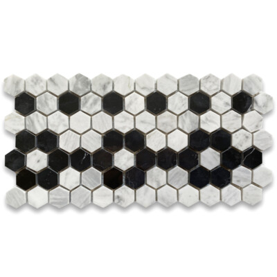 C31B2XP Carrara White Marble Hexagon Mosaic Border Flower Tile Polished 1''