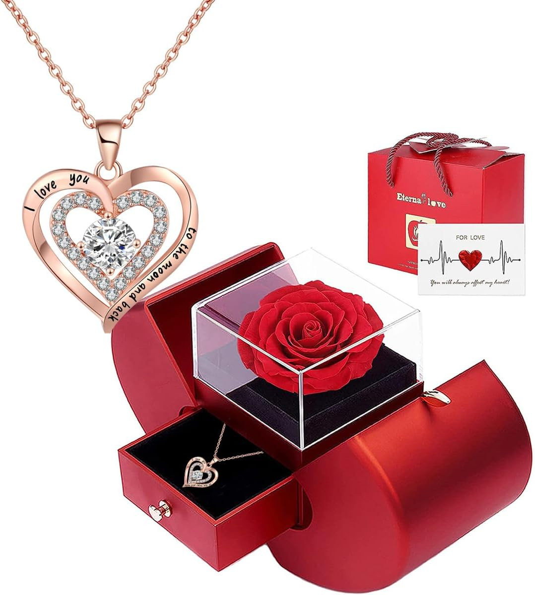 Preserved Rose Gift Box & with I Love You Necklace, Gifts for Girlfriend, Women,