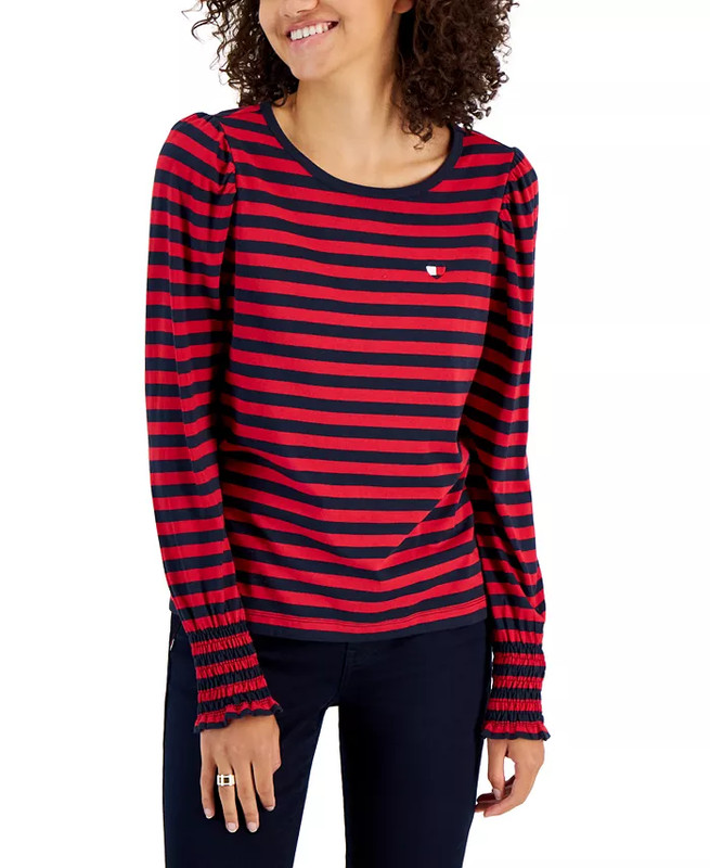 NWT TOMMY HILFIGER Women's Logo Red/Black Striped Smocked-Cuff Shirt/Blouse Sz M