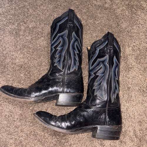 Full Quill Ostrich Cowboy boots Men 7.5 D Black Blue Stitching Western - Picture 4 of 8