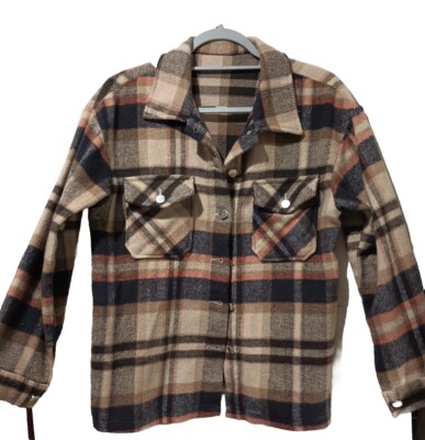 Shacket Multicolor plaid flannel collared shirt jacket women's oversized S 