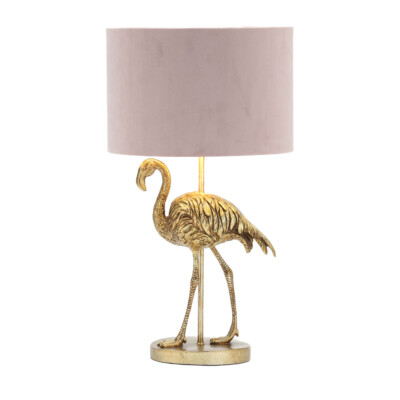 Litecraft Fliss Tischlampe Flamingo Stil Fuß mit rosa Samtschirm - Messing   